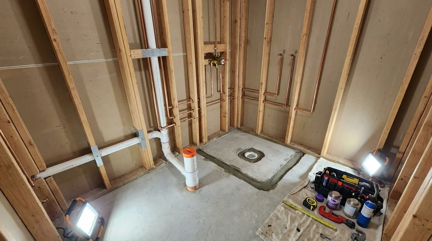 Bathroom rough-in plumbing during remodel by Johns Plumbing LLC in Alva