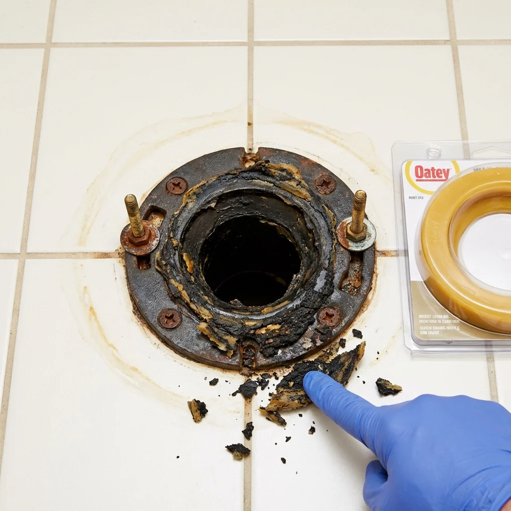 Failed wax ring showing water seepage at the base of a toilet in a Alva, OK home